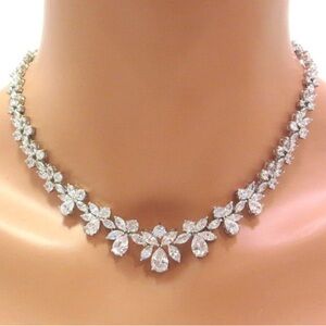 Bridal Wedding Set -White Gold Floral Necklace and Earrings